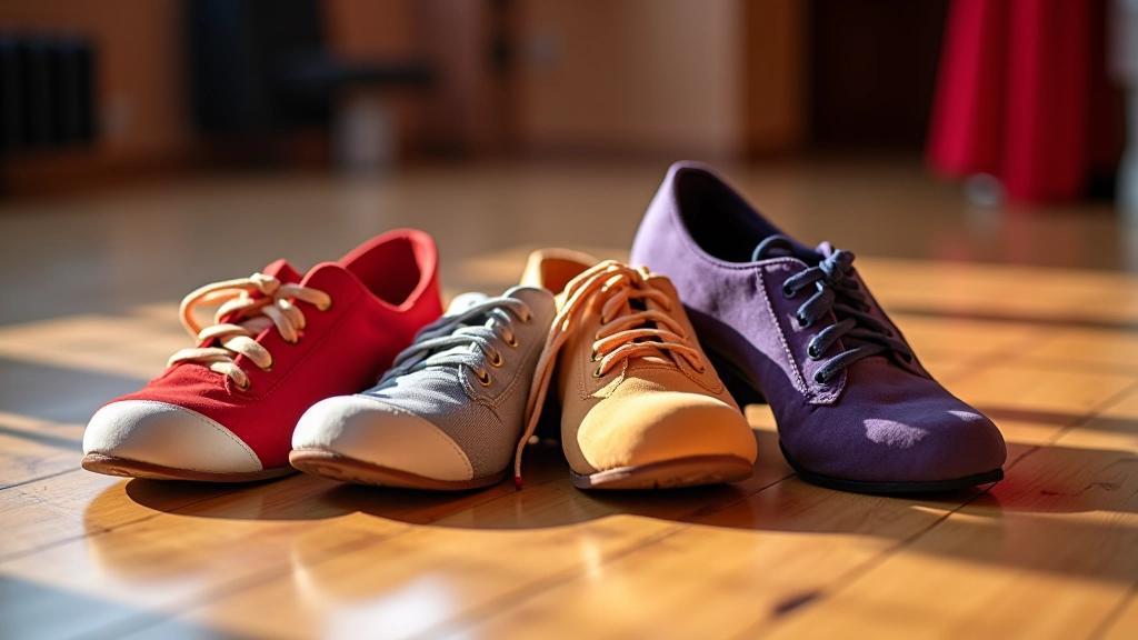 Close-up of colorful dance shoes arranged on polished wooden dance studio floor