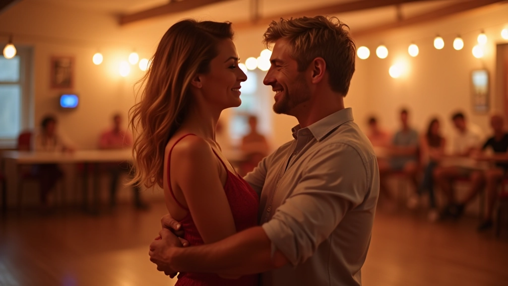 Two adults dancing salsa together, demonstrating proper partner positioning and connection in a well-lit studio