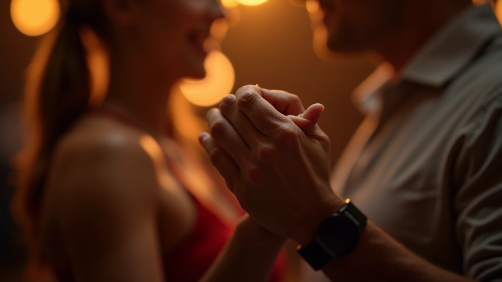 Male and female dancers in bachata hold position, showing proper hand and arm placement with close connection