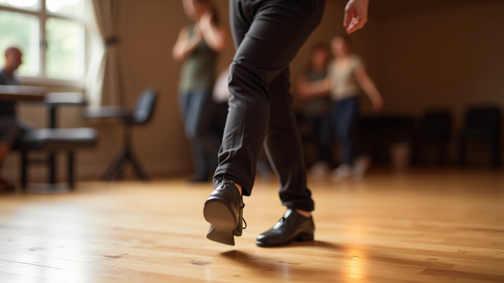 Dance instructor demonstrating bachata basic step on wooden dance floor, side view showing foot positioning