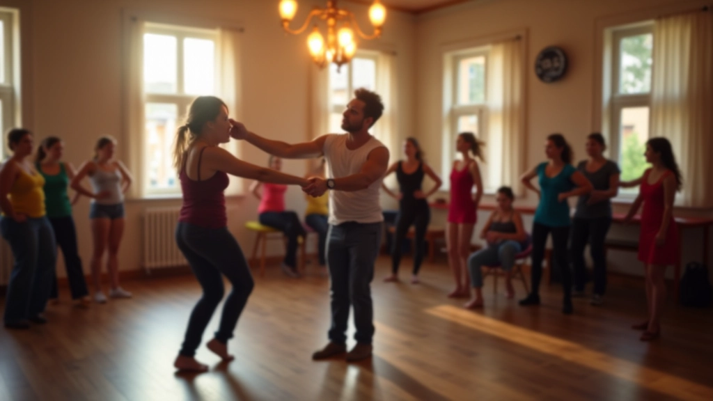 Dance instructor demonstrating basic salsa step pattern to a group of beginners in a spacious studio