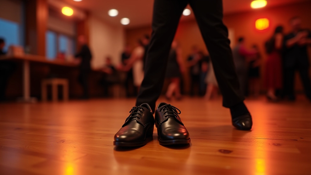 Pair of dance shoes placed on a polished wooden dance floor, close-up detail shot
