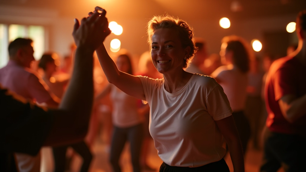 Adults dancing together in a bright dance studio during a social dance event