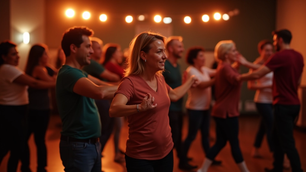 Group of diverse adults enjoying salsa dancing together in a social setting