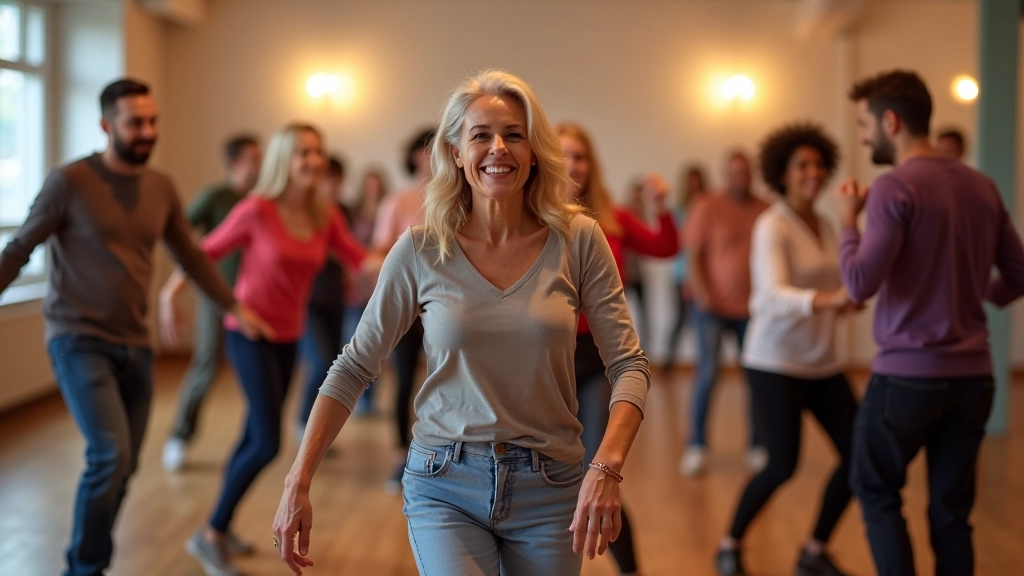 Dancers in colorful attire at a social dance event in Tallinn, Estonia