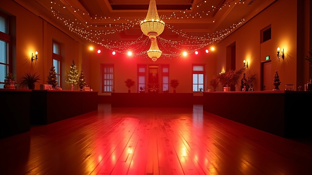 Holiday-themed dance event with festive decorations and dancers in elegant attire at a decorated venue