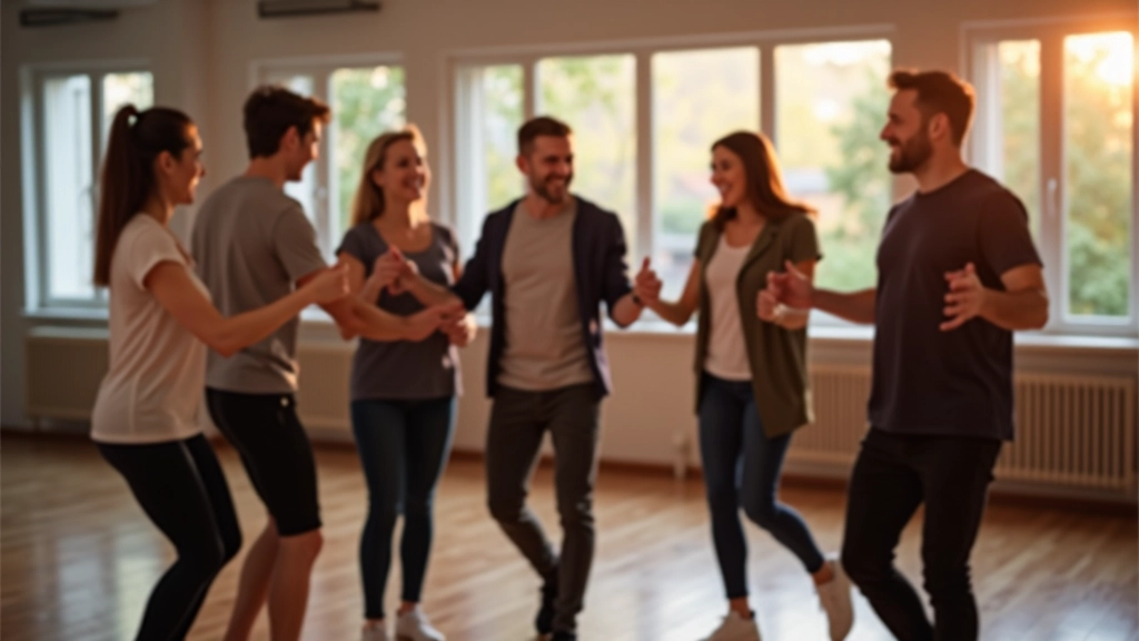 Diverse group of adults aged 40-65 laughing and dancing together in casual studio setting with wooden floor
