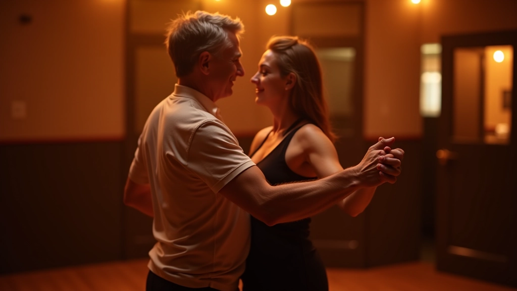 Mature couple dancing bachata in studio with warm amber lighting and wooden floor