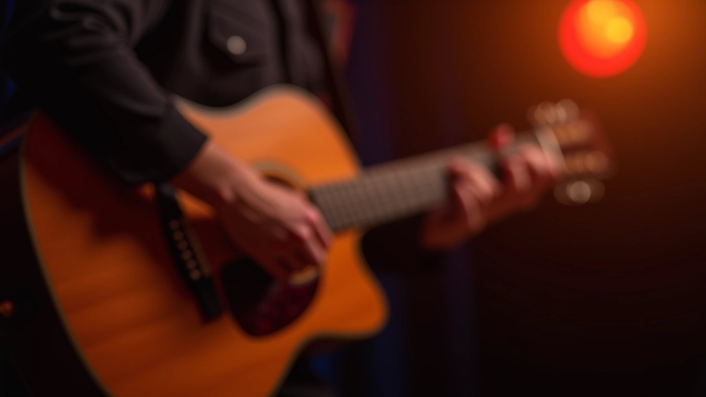 Close-up of musician's hands playing acoustic guitar with warm stage lighting during bachata performance