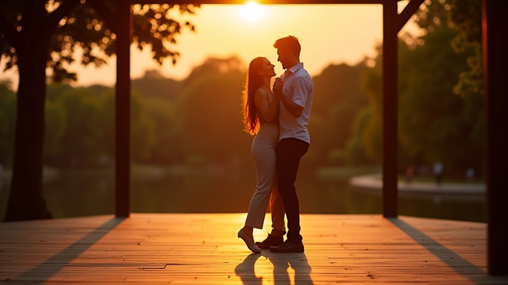Outdoor summer dance event with couples dancing on a wooden platform under warm evening light