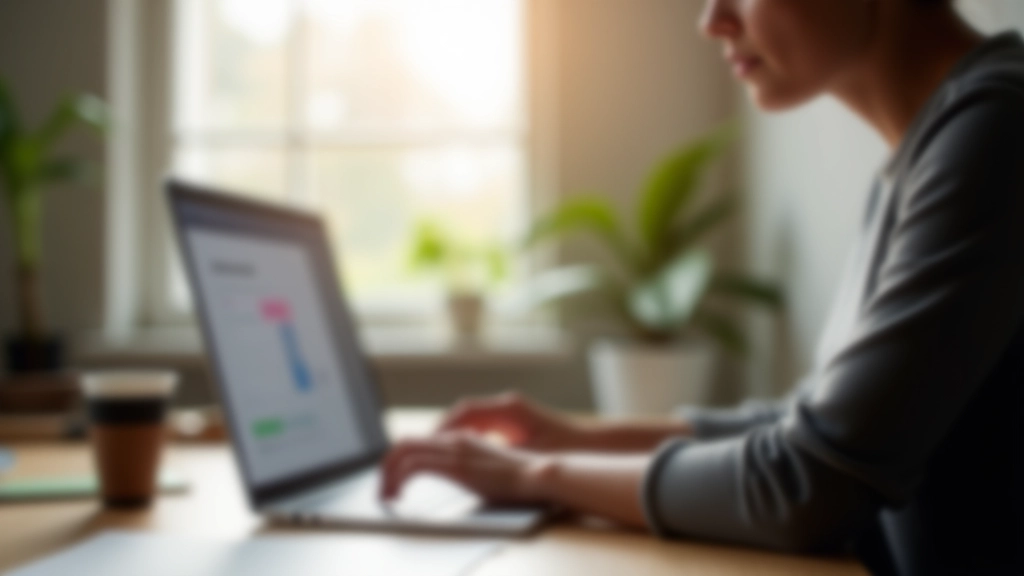 Person checking dance event details on a laptop while holding a coffee cup at a home office