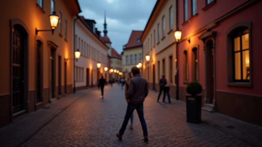 Tallinn old town cobblestone street at evening with historic buildings illuminated, cultural landmark setting